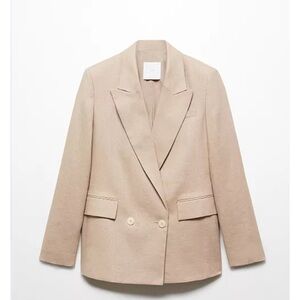 Mango Linen Double-Breasted Tailored Blazer